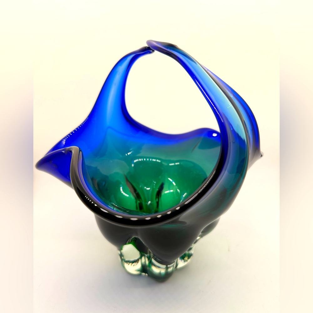 Vintage Royal Gallery Blue/Green Czech Republic Glass Basket